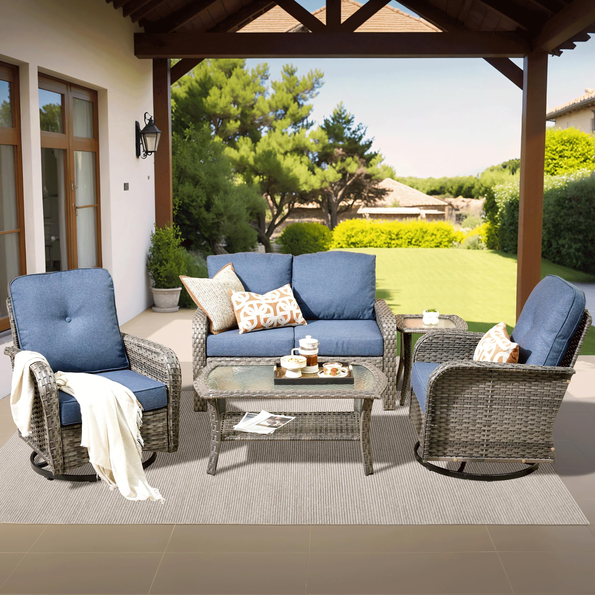 ovios 2-Piece Patio Furniture Set, Outdoor Wicker Sofa with Chairs, High Back Rattan Chair with Comfy Cushions for Porch Yard Deck, Denim Blue