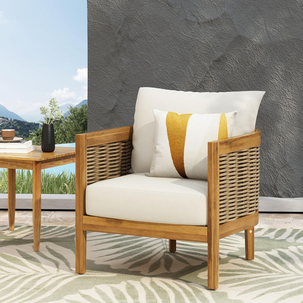 Merax Single Outdoor Acacia Wood Wicker Club Chair with Cushion,Patio Furniture Conversation Seat for Backyard