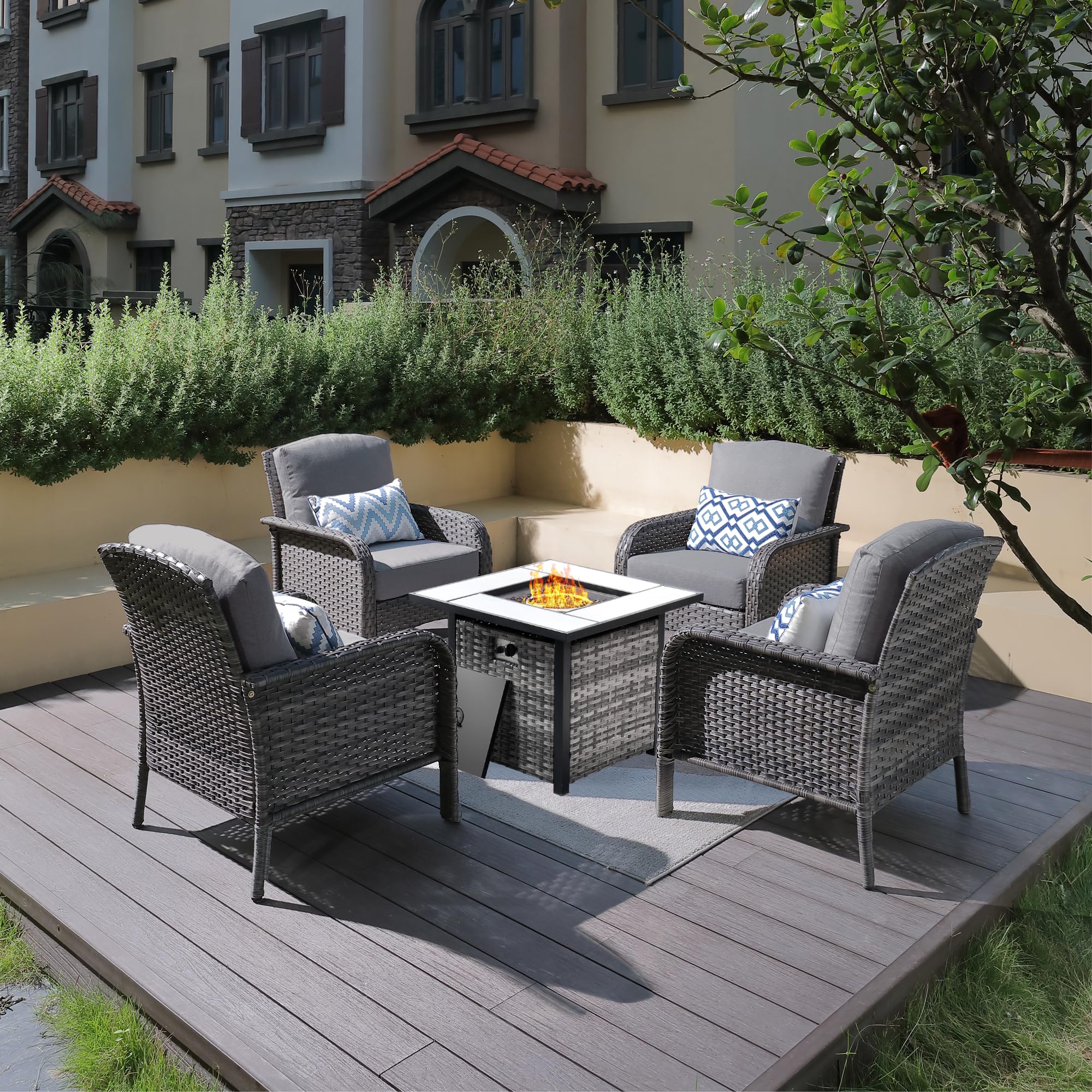 ovios 2-Piece Patio Furniture Set, Outdoor Wicker Sofa with Chairs, High Back Rattan Chair with Comfy Cushions for Porch Yard Deck, Denim Blue