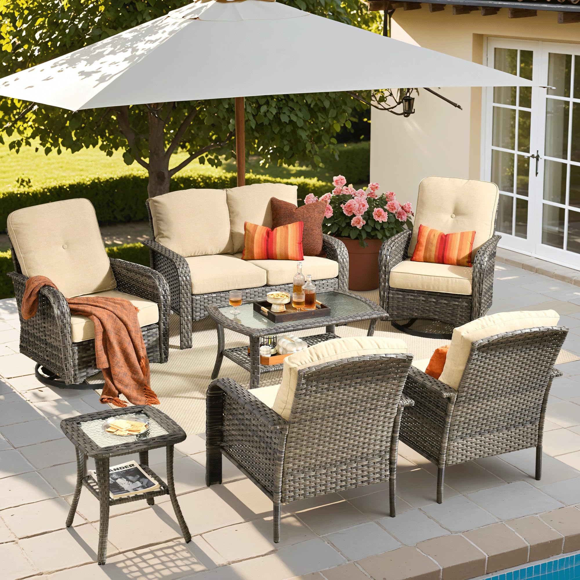 ovios 2-Piece Patio Furniture Set, Outdoor Wicker Sofa with Chairs, High Back Rattan Chair with Comfy Cushions for Porch Yard Deck, Denim Blue