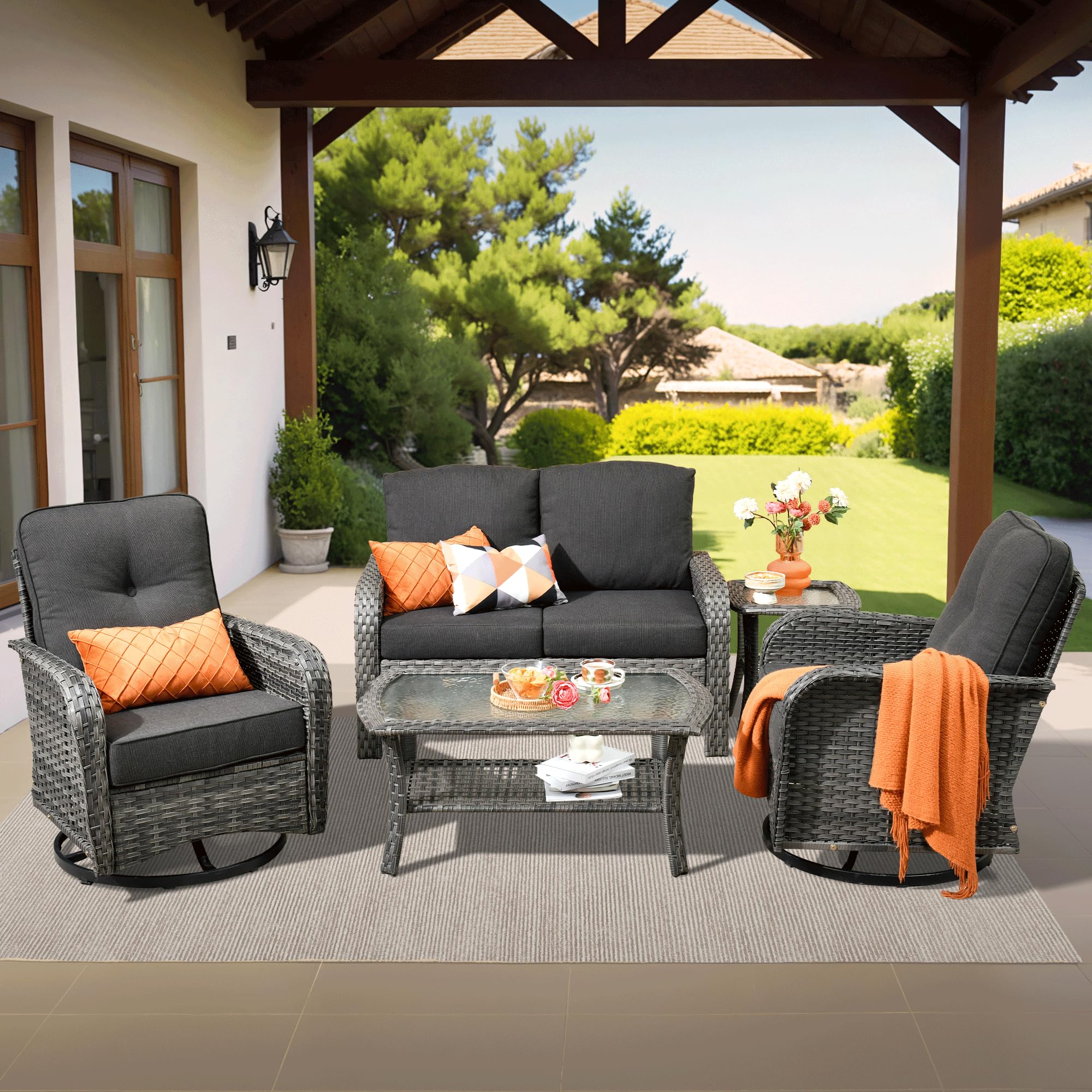 ovios 2-Piece Patio Furniture Set, Outdoor Wicker Sofa with Chairs, High Back Rattan Chair with Comfy Cushions for Porch Yard Deck, Denim Blue