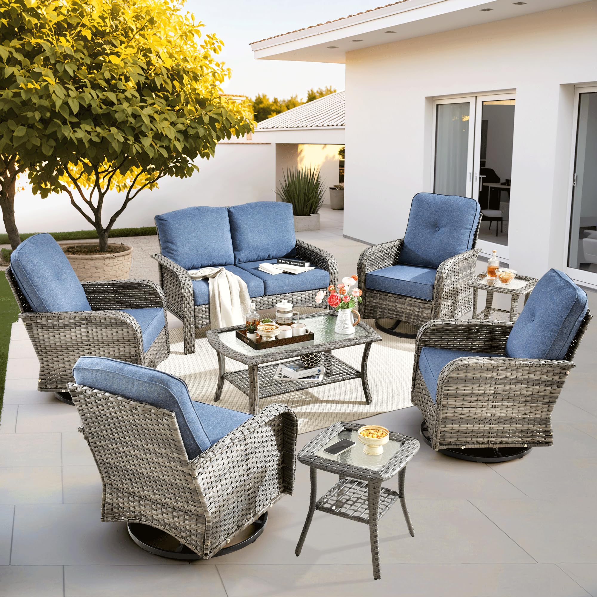 ovios 2-Piece Patio Furniture Set, Outdoor Wicker Sofa with Chairs, High Back Rattan Chair with Comfy Cushions for Porch Yard Deck, Denim Blue