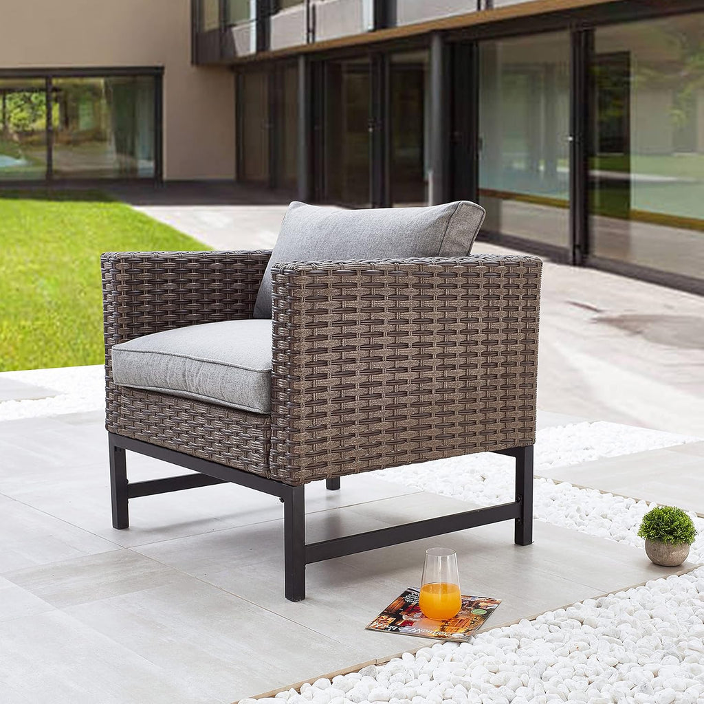 LOKATSE HOME Outdoor Chair Rattan Furniture Single Sofa Modern Wicker Armchair with Metal Legs and Gray Cushion for Garden Balcony Porch Poolside, Brown
