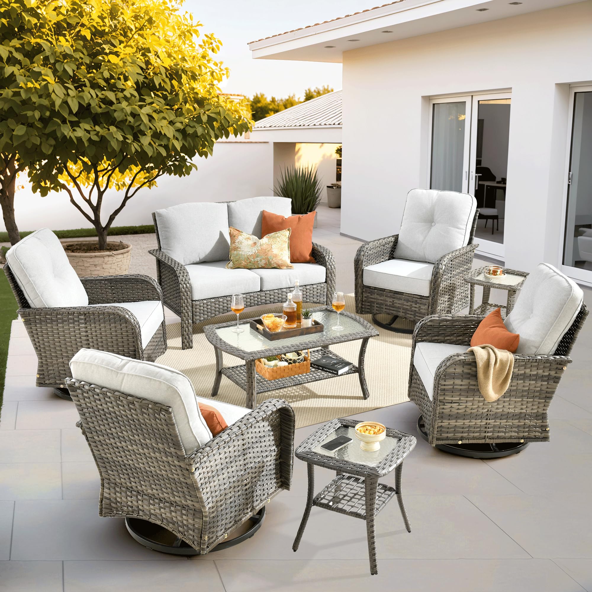 ovios 2-Piece Patio Furniture Set, Outdoor Wicker Sofa with Chairs, High Back Rattan Chair with Comfy Cushions for Porch Yard Deck, Denim Blue