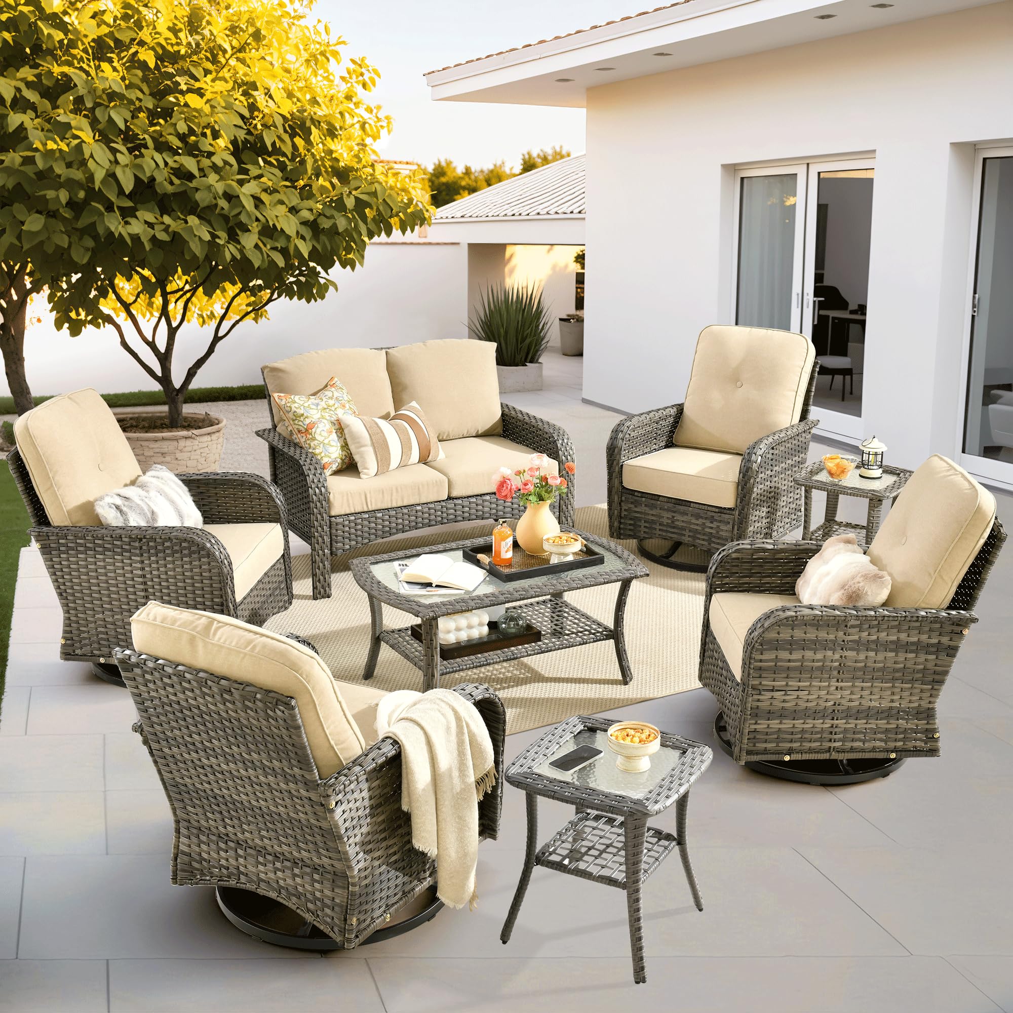ovios 2-Piece Patio Furniture Set, Outdoor Wicker Sofa with Chairs, High Back Rattan Chair with Comfy Cushions for Porch Yard Deck, Denim Blue