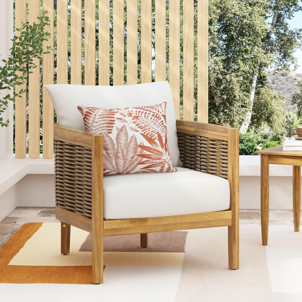 Merax Single Outdoor Acacia Wood Wicker Club Chair with Cushion,Patio Furniture Conversation Seat for Backyard