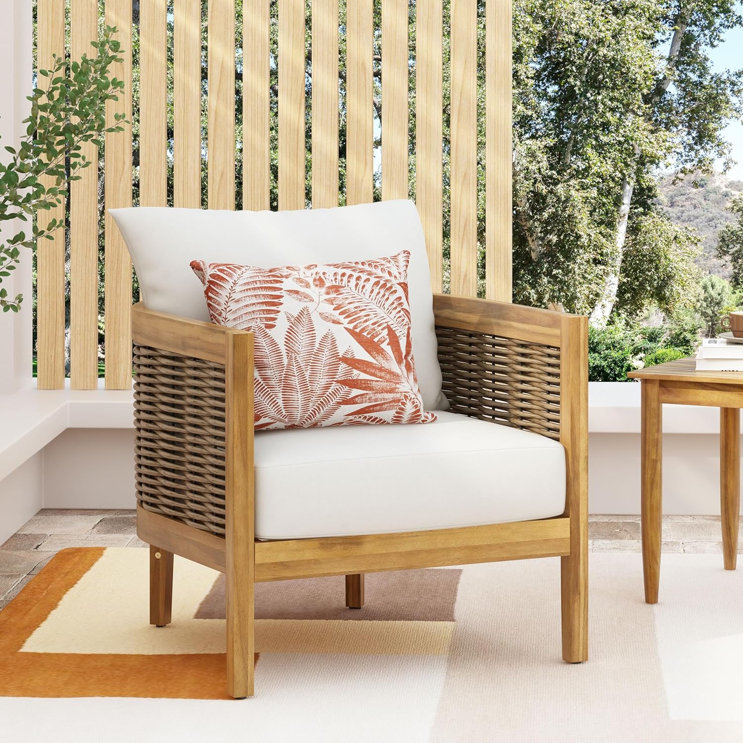 Merax Single Outdoor Acacia Wood Wicker Club Chair with Cushion,Patio Furniture Conversation Seat for Backyard