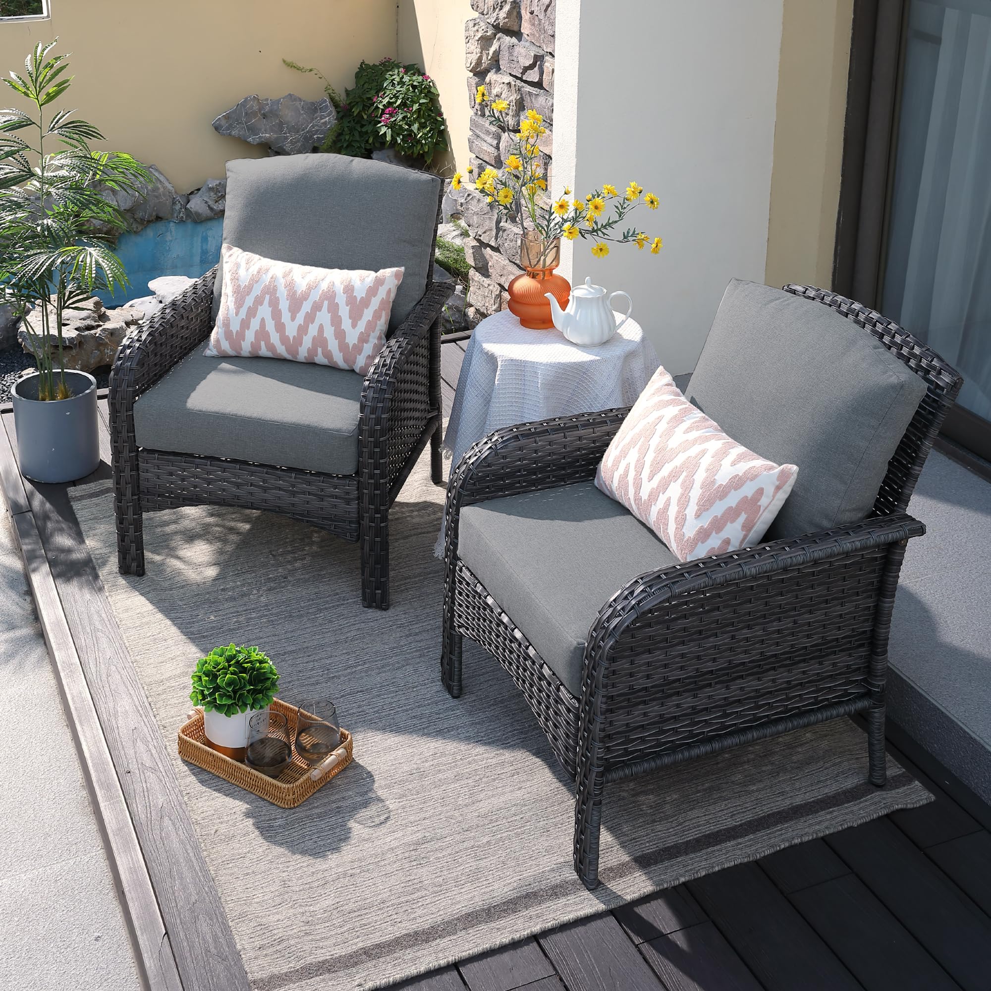 ovios 2-Piece Patio Furniture Set, Outdoor Wicker Sofa with Chairs, High Back Rattan Chair with Comfy Cushions for Porch Yard Deck, Denim Blue