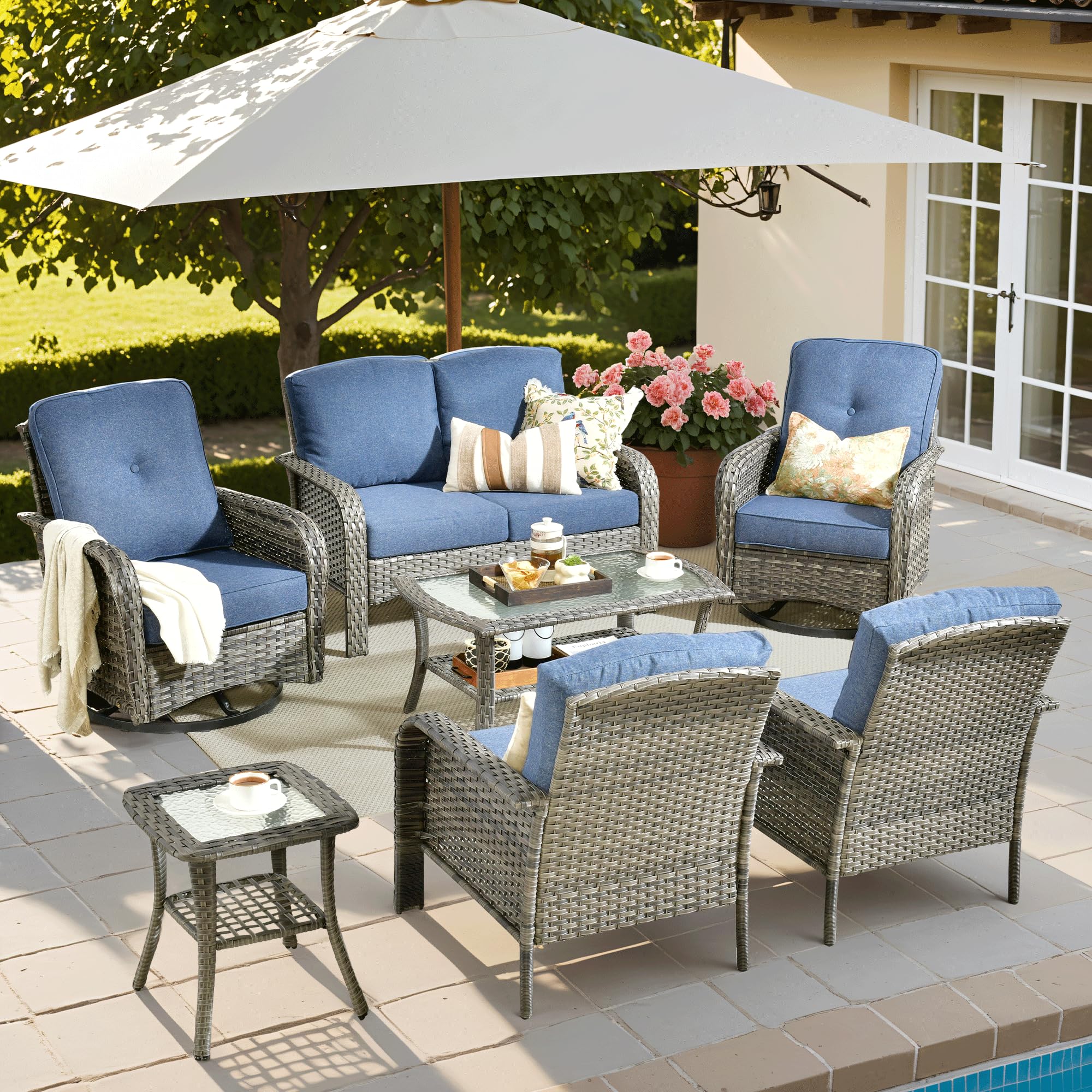ovios 2-Piece Patio Furniture Set, Outdoor Wicker Sofa with Chairs, High Back Rattan Chair with Comfy Cushions for Porch Yard Deck, Denim Blue