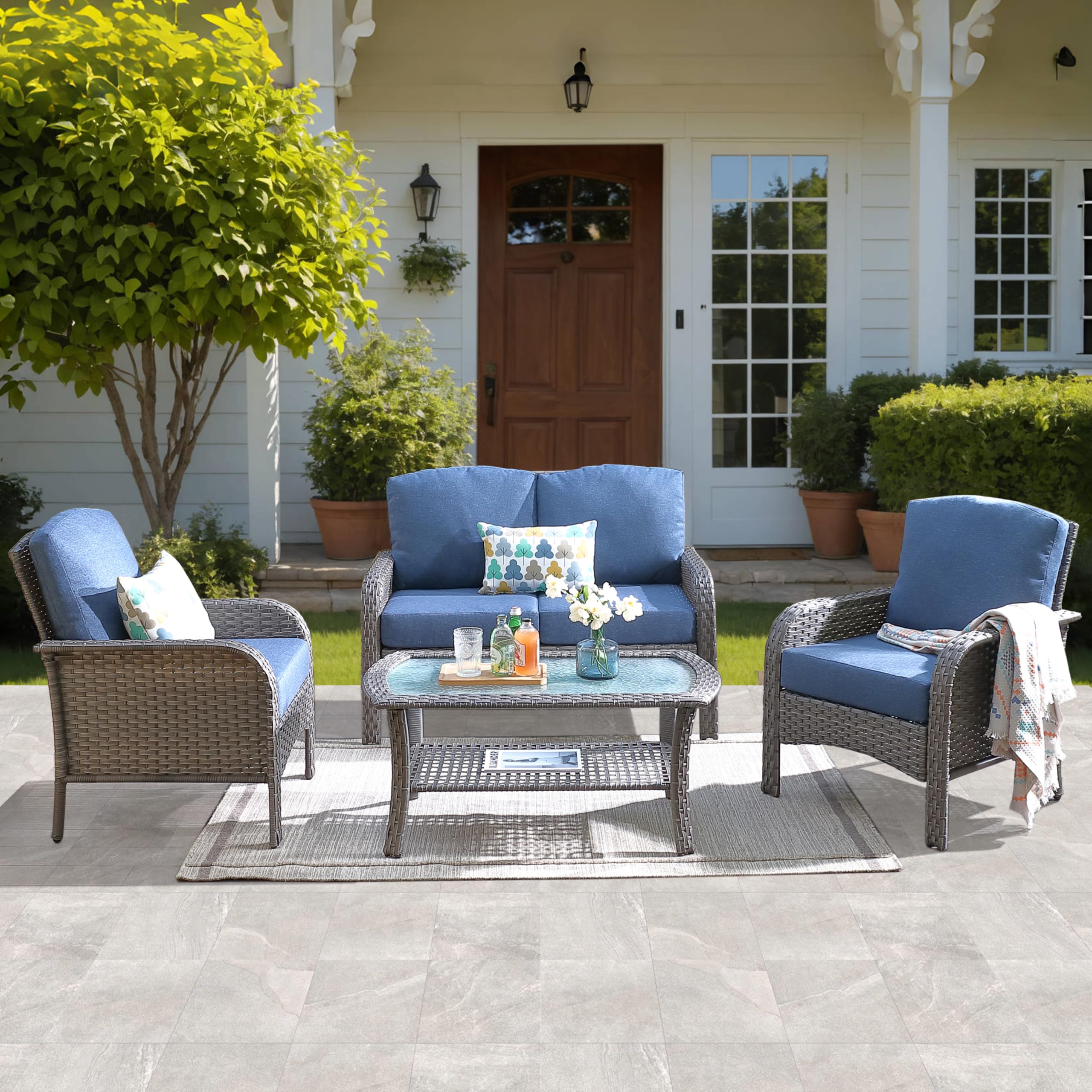ovios 2-Piece Patio Furniture Set, Outdoor Wicker Sofa with Chairs, High Back Rattan Chair with Comfy Cushions for Porch Yard Deck, Denim Blue