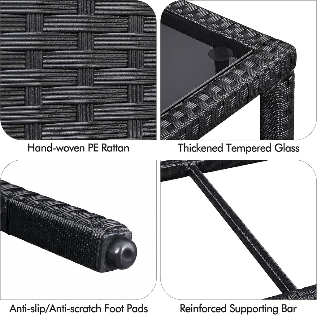 Yaheetech Outdoor Wicker Coffee Side Table, All-Weather Rattan Patio Storage Furniture with Tempered Glass Top for Garden, Black