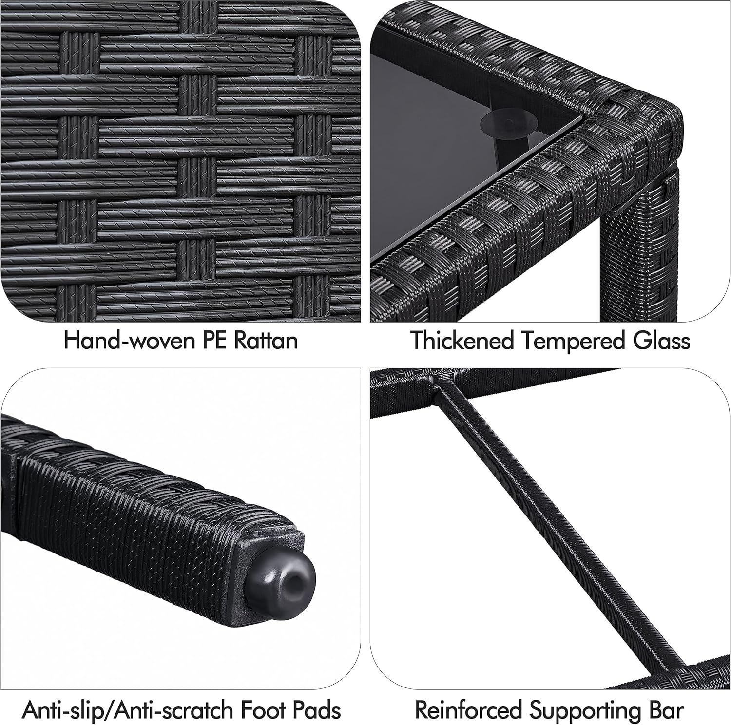 Yaheetech Outdoor Wicker Coffee Side Table, All-Weather Rattan Patio Storage Furniture with Tempered Glass Top for Garden, Black