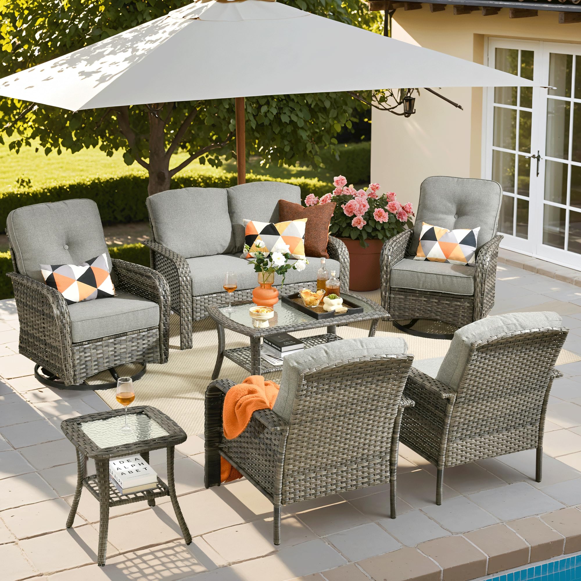 ovios 2-Piece Patio Furniture Set, Outdoor Wicker Sofa with Chairs, High Back Rattan Chair with Comfy Cushions for Porch Yard Deck, Denim Blue