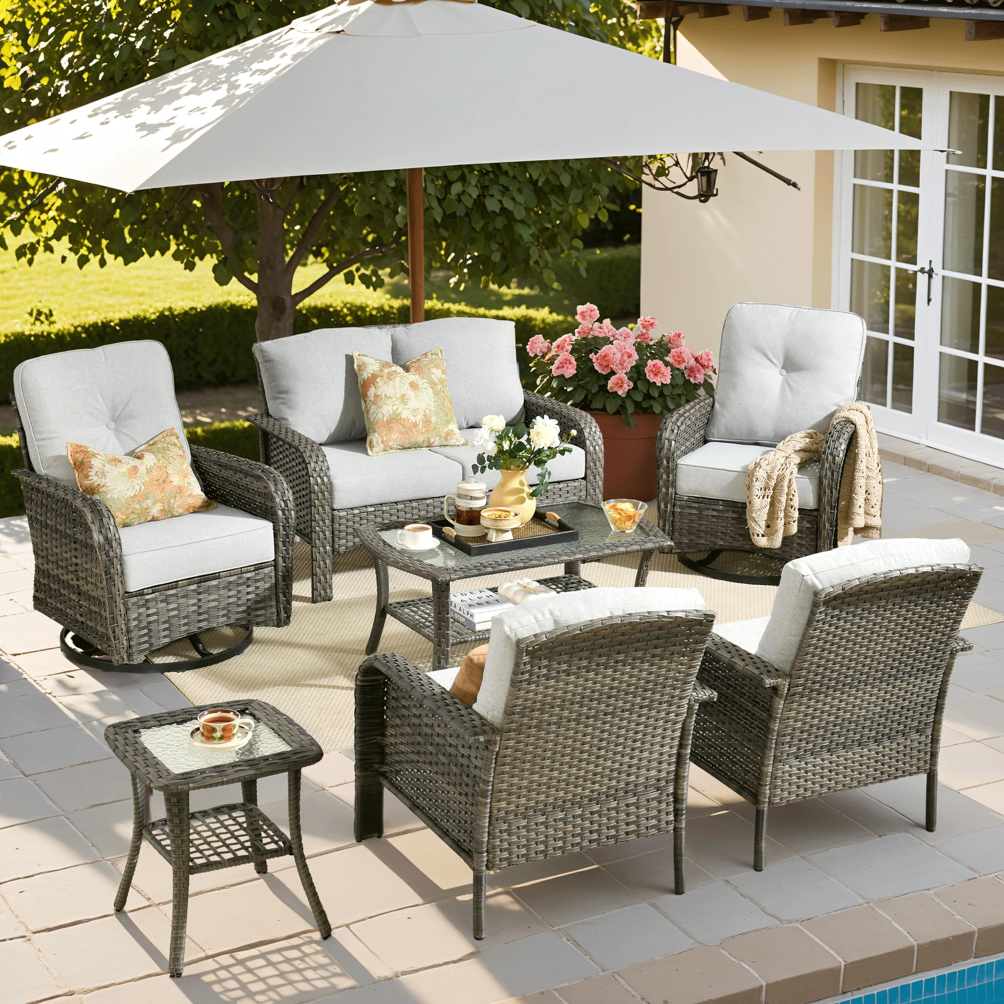 ovios 2-Piece Patio Furniture Set, Outdoor Wicker Sofa with Chairs, High Back Rattan Chair with Comfy Cushions for Porch Yard Deck, Denim Blue