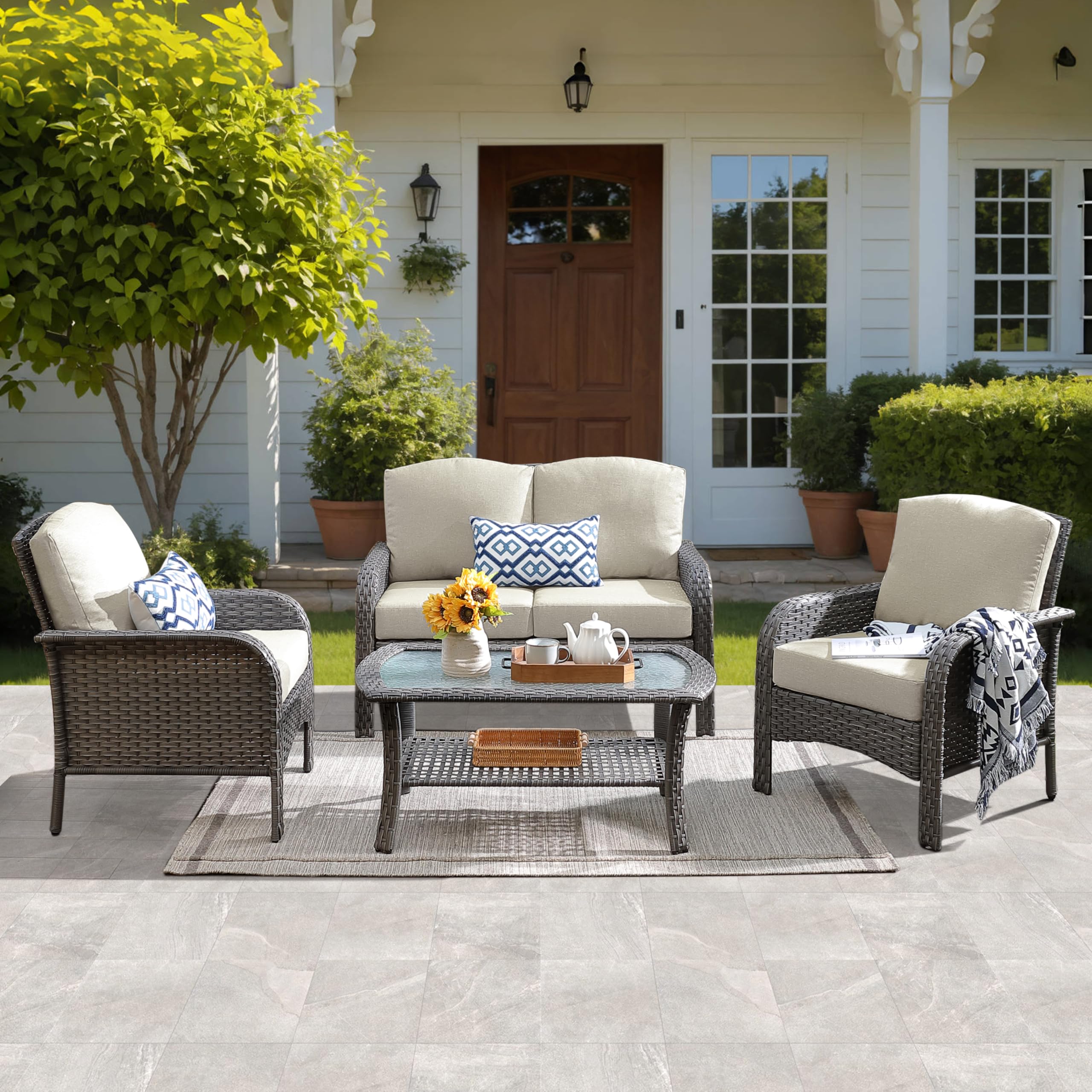 ovios 2-Piece Patio Furniture Set, Outdoor Wicker Sofa with Chairs, High Back Rattan Chair with Comfy Cushions for Porch Yard Deck, Denim Blue