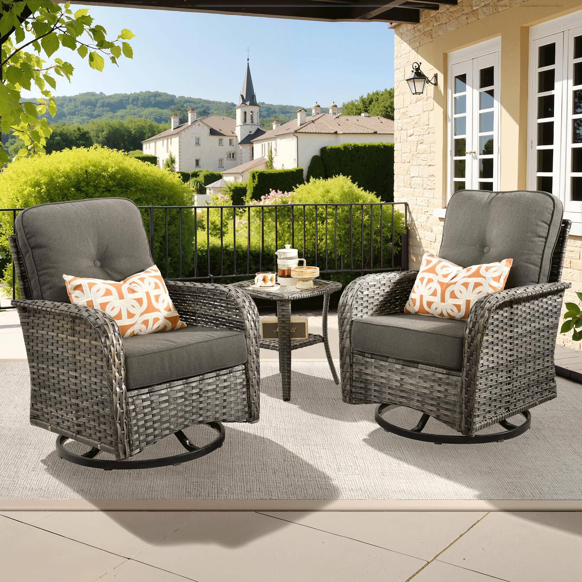 ovios 2-Piece Patio Furniture Set, Outdoor Wicker Sofa with Chairs, High Back Rattan Chair with Comfy Cushions for Porch Yard Deck, Denim Blue