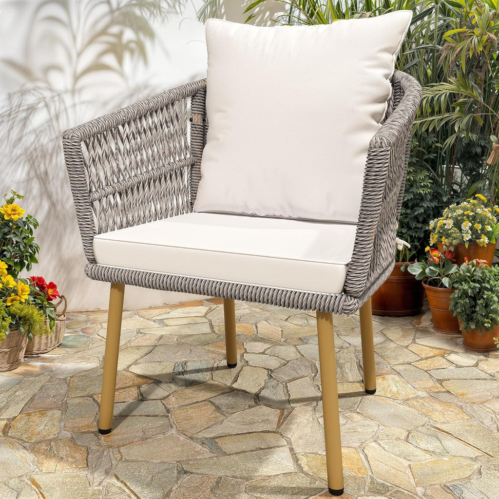 DWVO Wicker Sofa Chair, Single Bistro Armchair with Weatherproof Cushions, Outdoor Dining Chair for Outdoor, Indoor, Beige