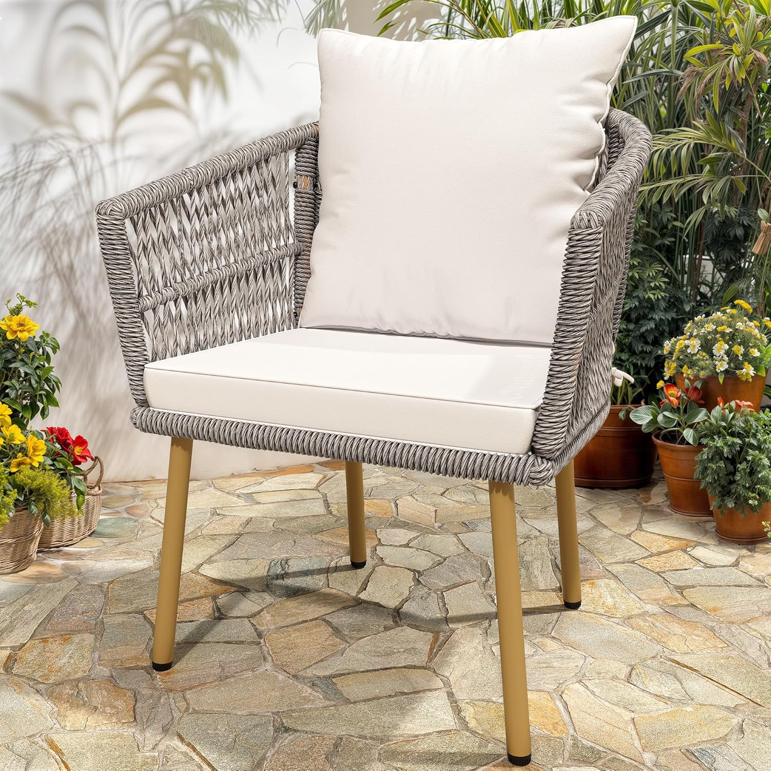 DWVO Wicker Sofa Chair, Single Bistro Armchair with Weatherproof Cushions, Outdoor Dining Chair for Outdoor, Indoor, Beige