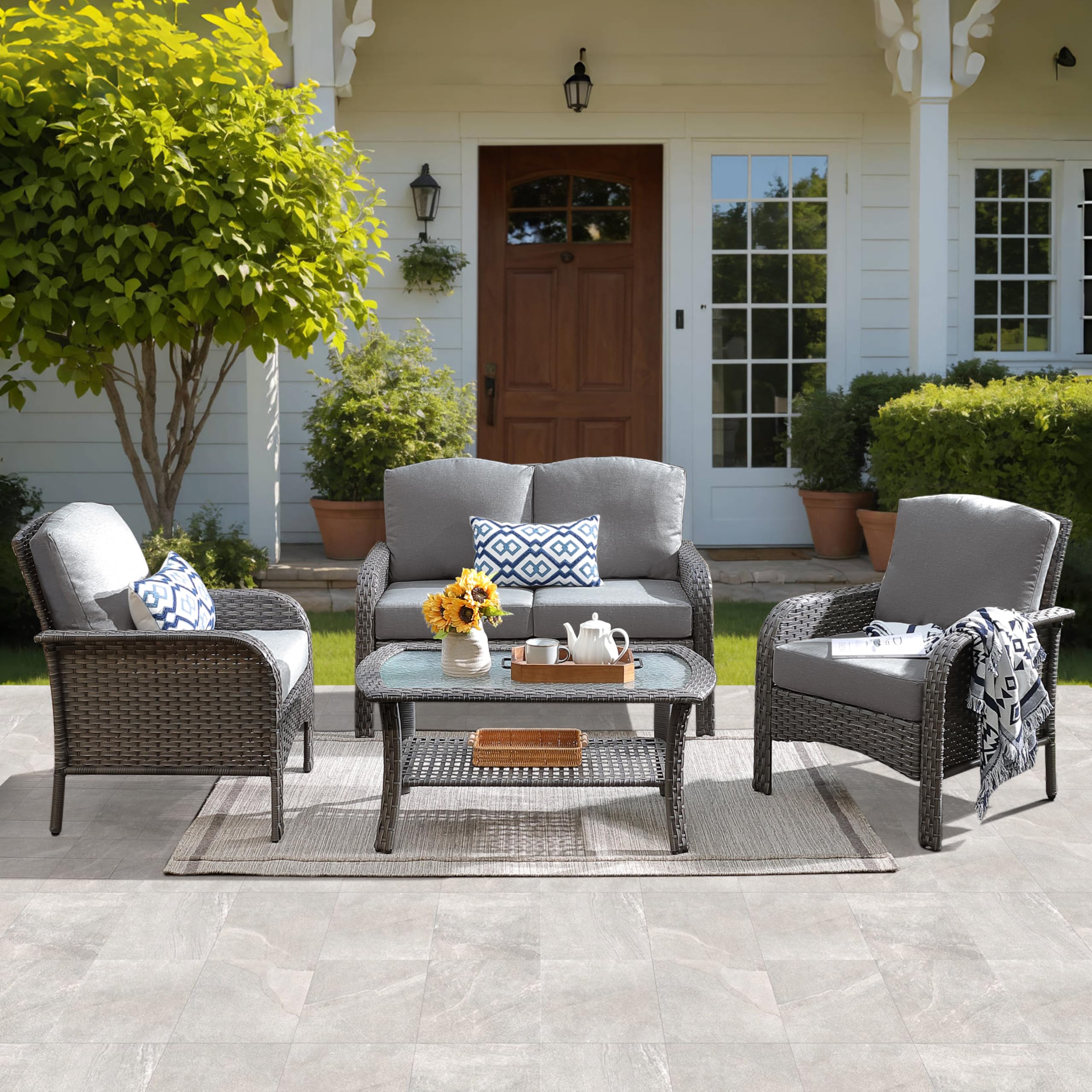 ovios 2-Piece Patio Furniture Set, Outdoor Wicker Sofa with Chairs, High Back Rattan Chair with Comfy Cushions for Porch Yard Deck, Denim Blue
