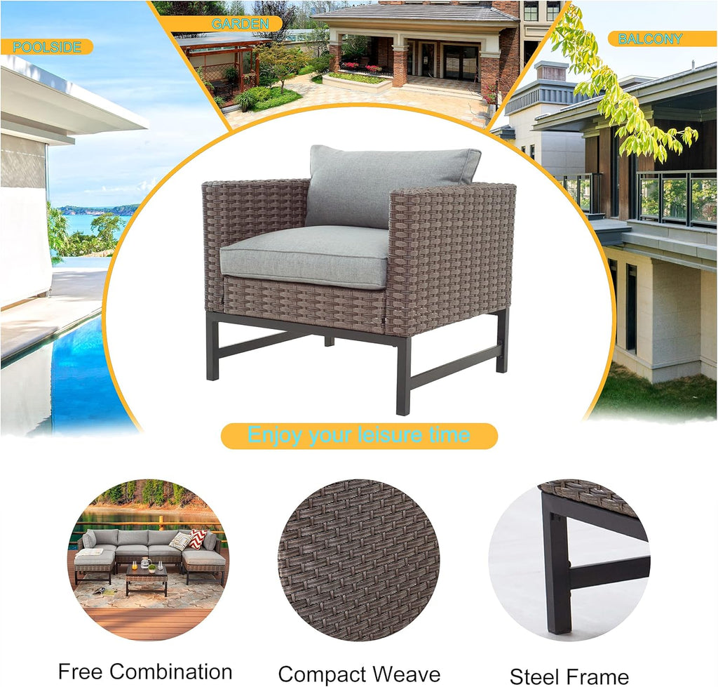 LOKATSE HOME Outdoor Chair Rattan Furniture Single Sofa Modern Wicker Armchair with Metal Legs and Gray Cushion for Garden Balcony Porch Poolside, Brown