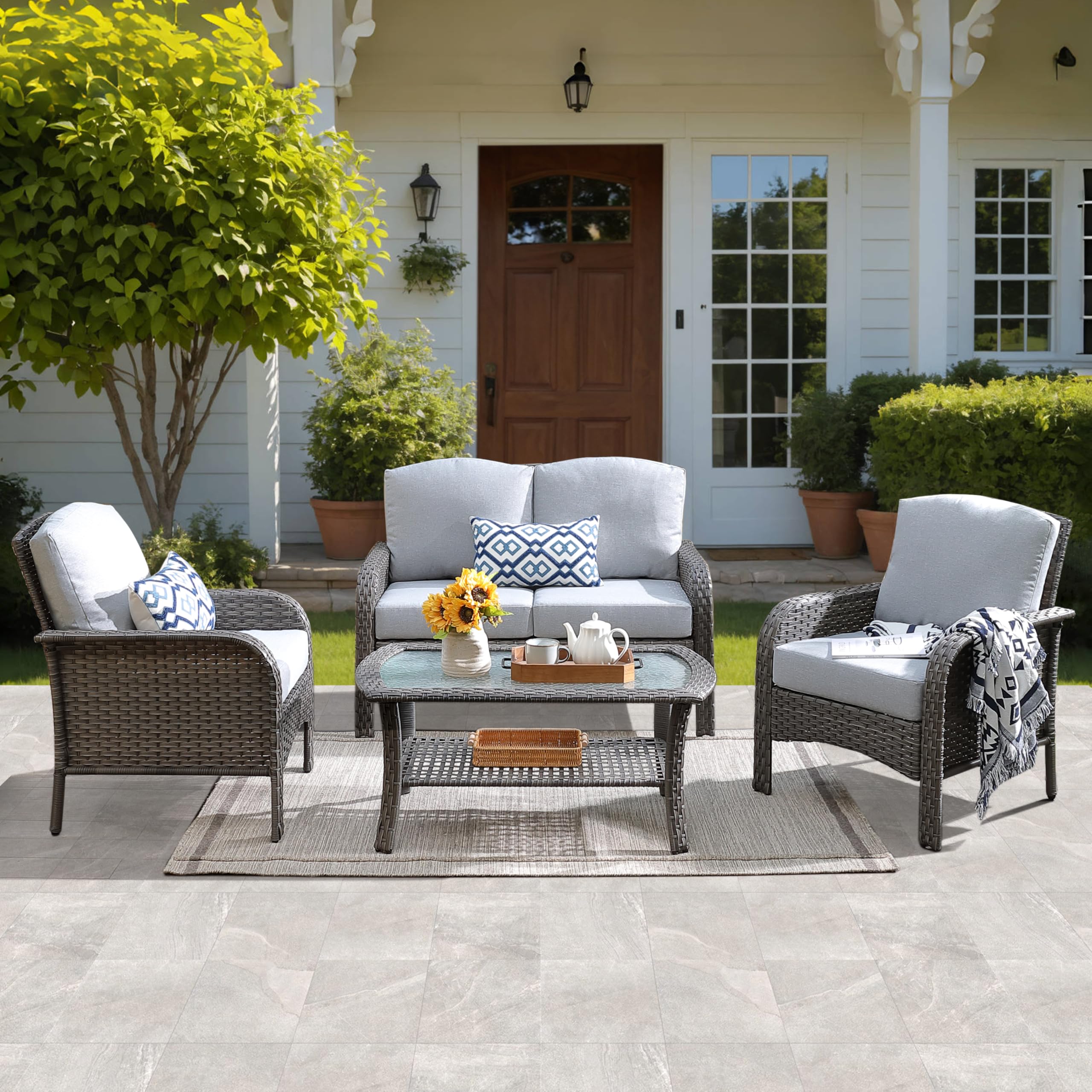 ovios 2-Piece Patio Furniture Set, Outdoor Wicker Sofa with Chairs, High Back Rattan Chair with Comfy Cushions for Porch Yard Deck, Denim Blue