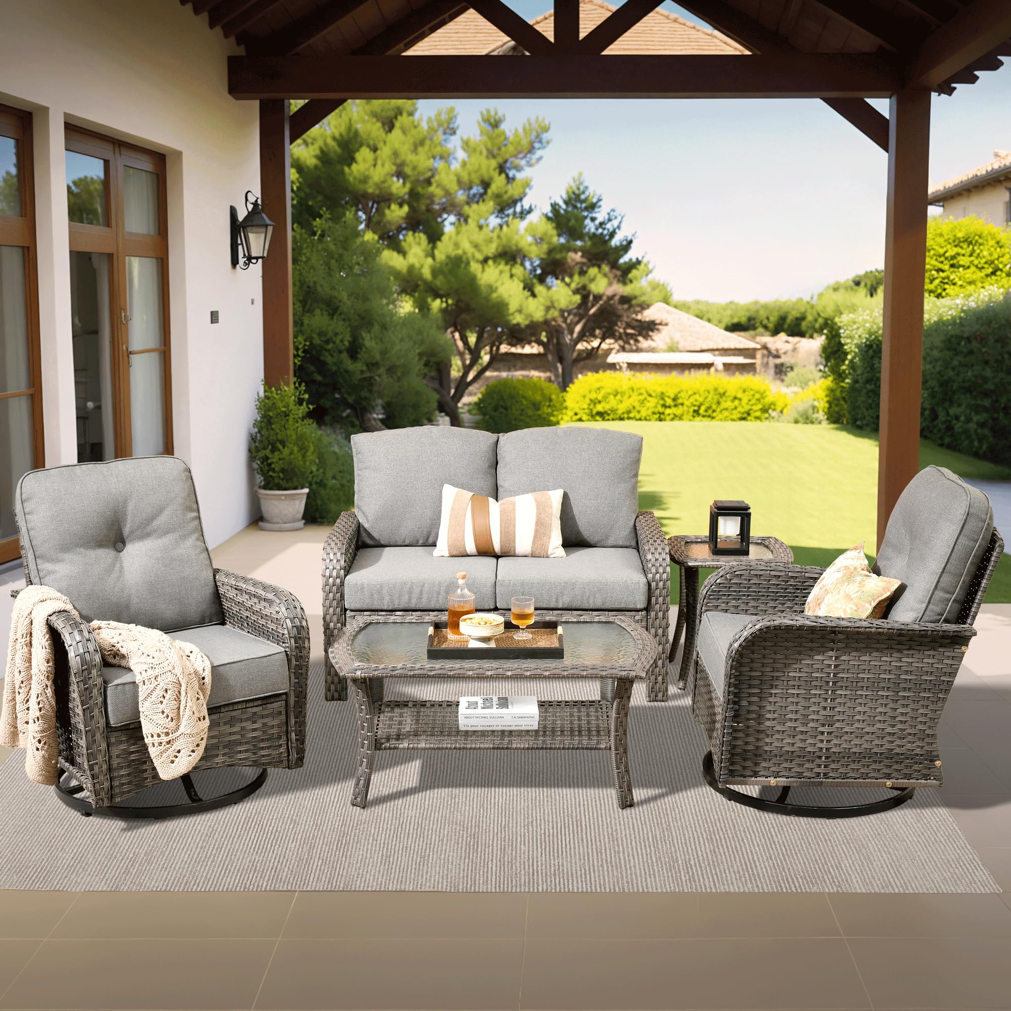 ovios 2-Piece Patio Furniture Set, Outdoor Wicker Sofa with Chairs, High Back Rattan Chair with Comfy Cushions for Porch Yard Deck, Denim Blue