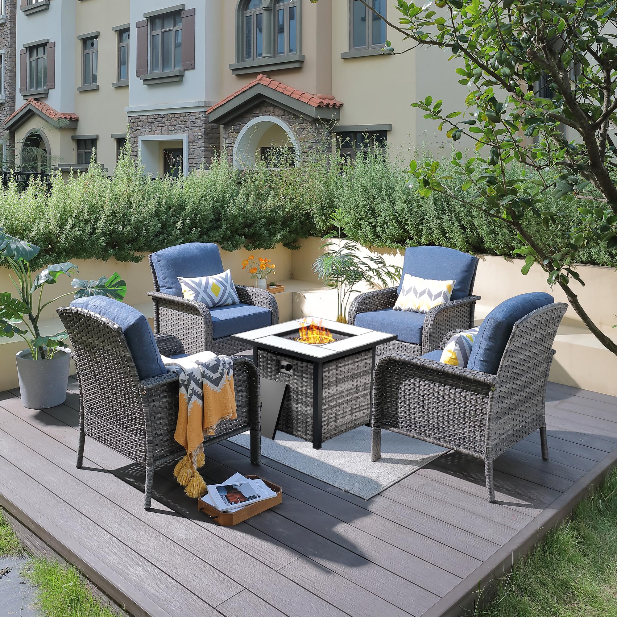 ovios 2-Piece Patio Furniture Set, Outdoor Wicker Sofa with Chairs, High Back Rattan Chair with Comfy Cushions for Porch Yard Deck, Denim Blue