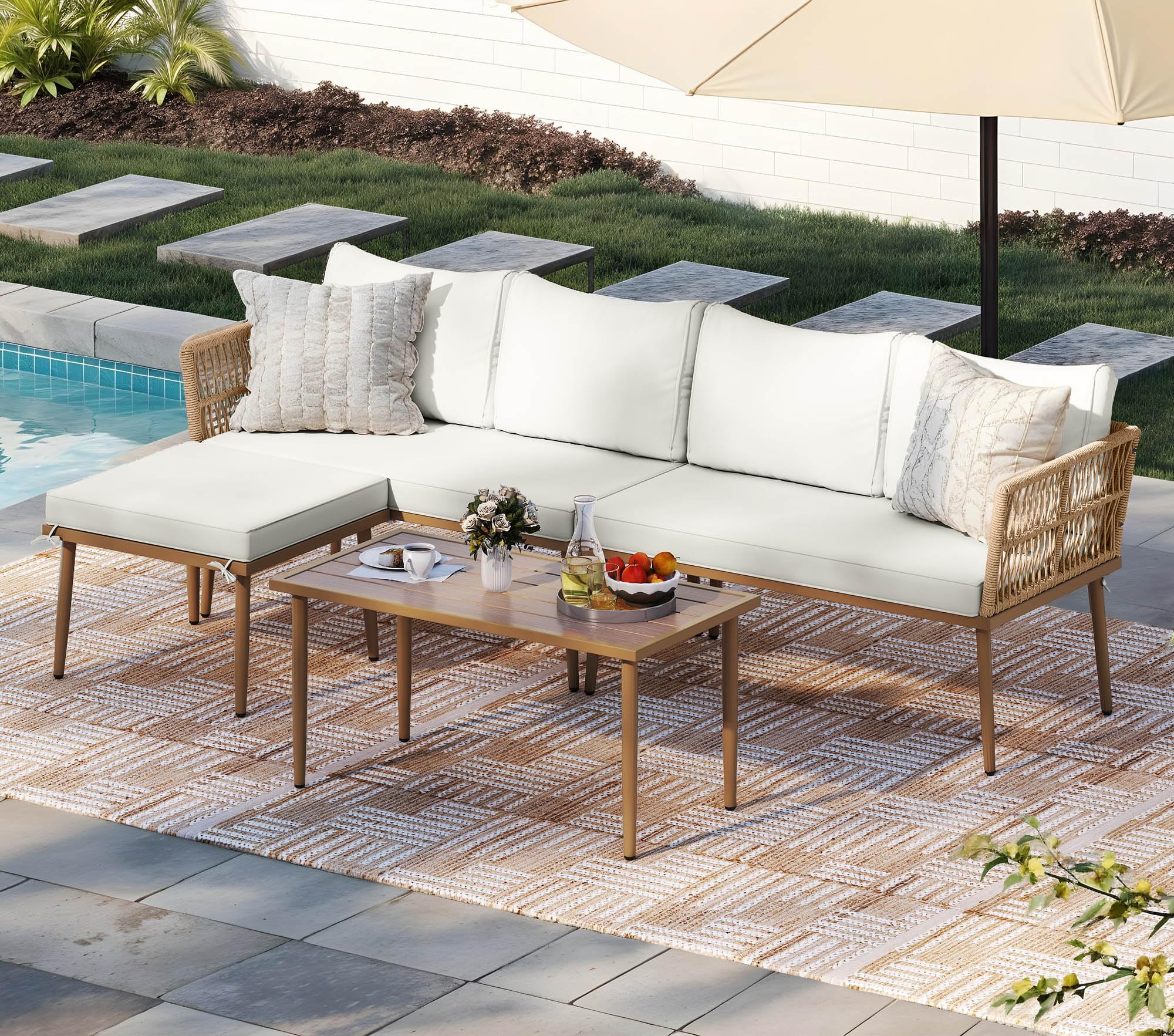 DWVO Wicker Sofa Chair, Single Bistro Armchair with Weatherproof Cushions, Outdoor Dining Chair for Outdoor, Indoor, Beige