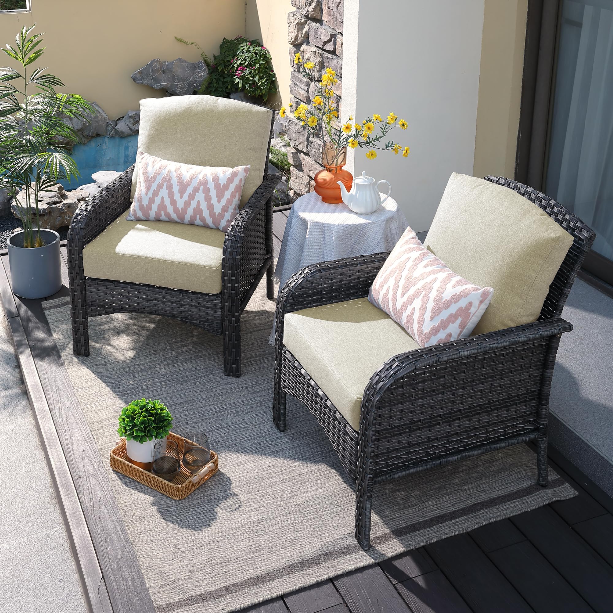 ovios 2-Piece Patio Furniture Set, Outdoor Wicker Sofa with Chairs, High Back Rattan Chair with Comfy Cushions for Porch Yard Deck, Denim Blue