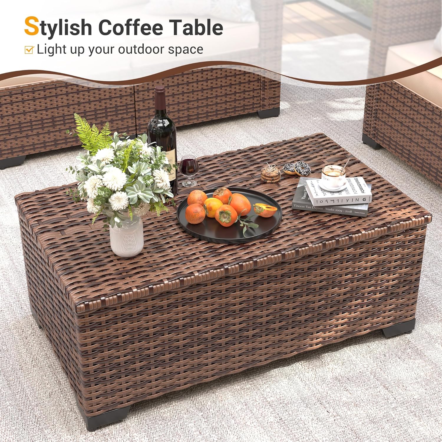 UDPATIO Outdoor Storage Table Patio Coffee Table All Weather Wicker Side Table with Waterproof Covers Rattan Furniture for Toys and Garden Tools