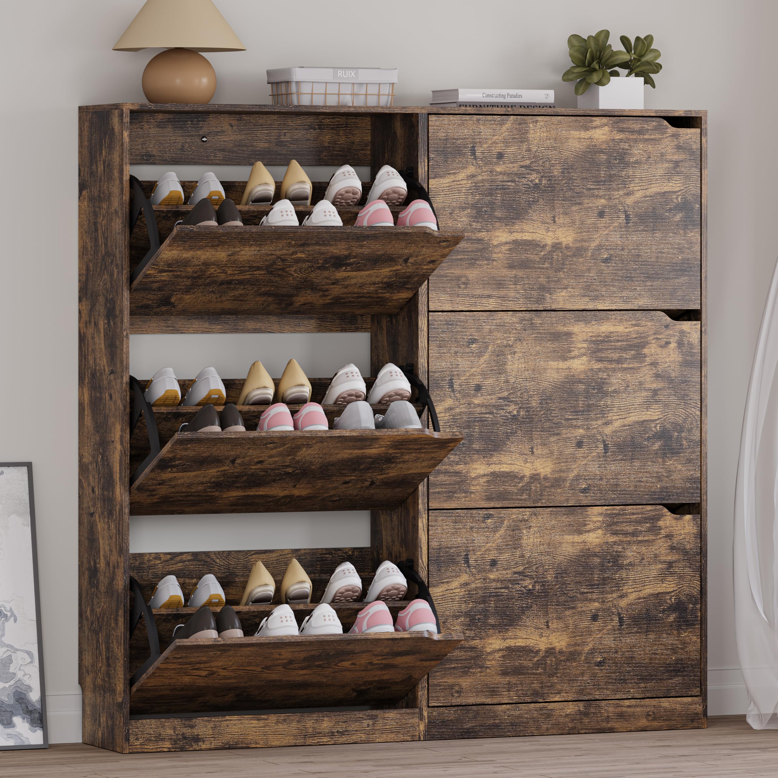 BORNOON Shoe Cabinet with 3 Flip Drawers, Hidden Wood Shoe Cabinet,Freestanding Shoe Storage Cabinet for Entryway Hallway.White. 47.2" H*31.5" W*9.45" D.