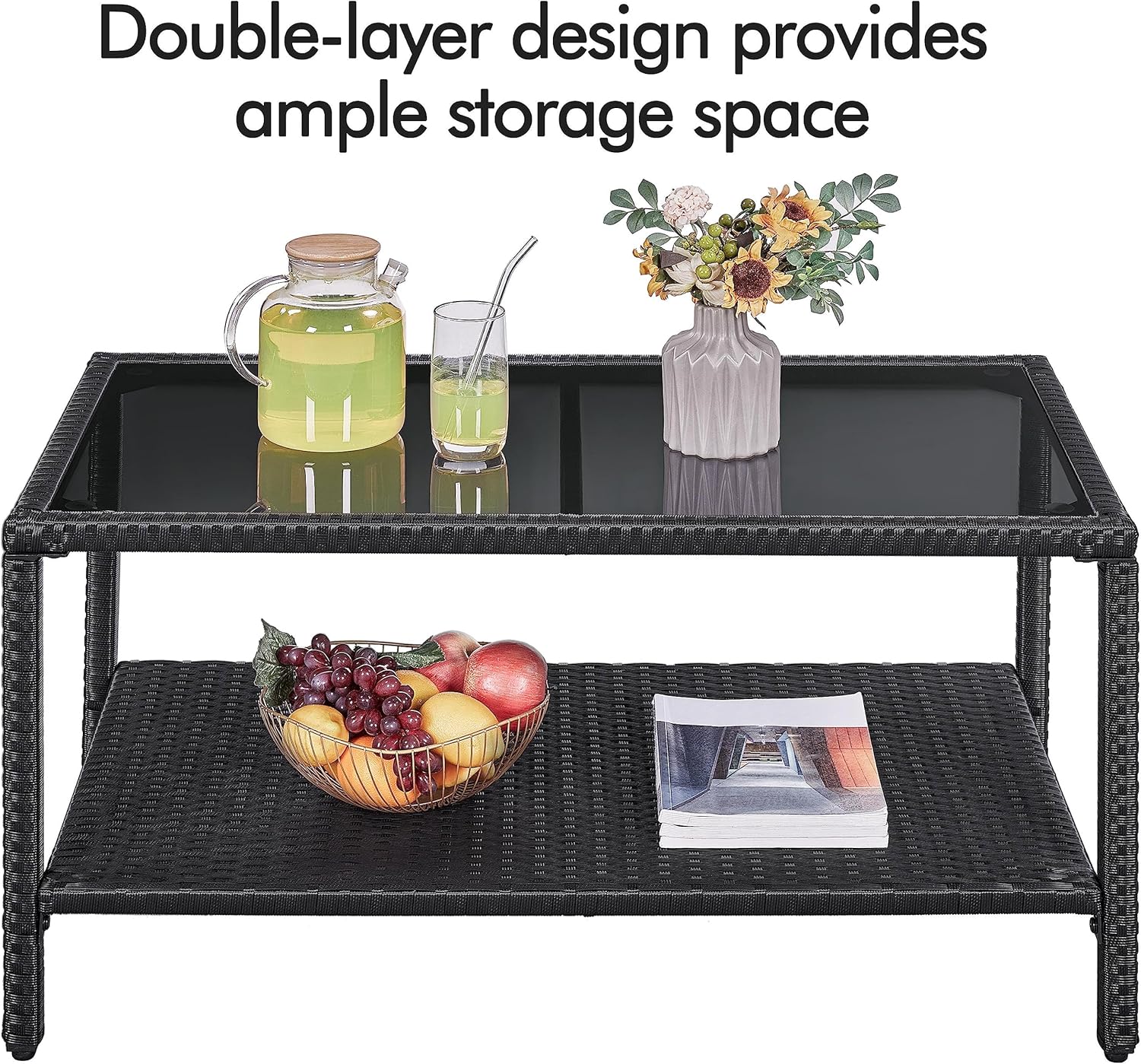Yaheetech Outdoor Wicker Coffee Side Table, All-Weather Rattan Patio Storage Furniture with Tempered Glass Top for Garden, Black