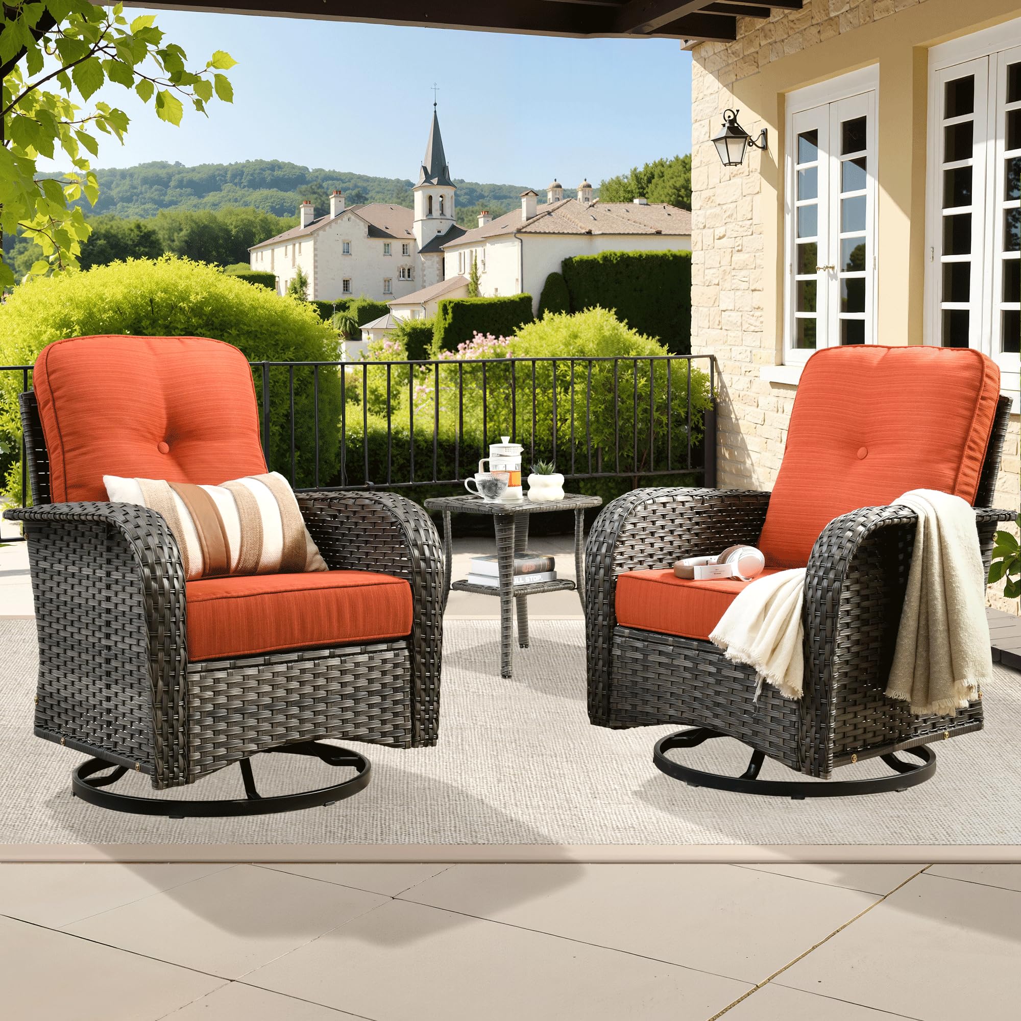 ovios 2-Piece Patio Furniture Set, Outdoor Wicker Sofa with Chairs, High Back Rattan Chair with Comfy Cushions for Porch Yard Deck, Denim Blue