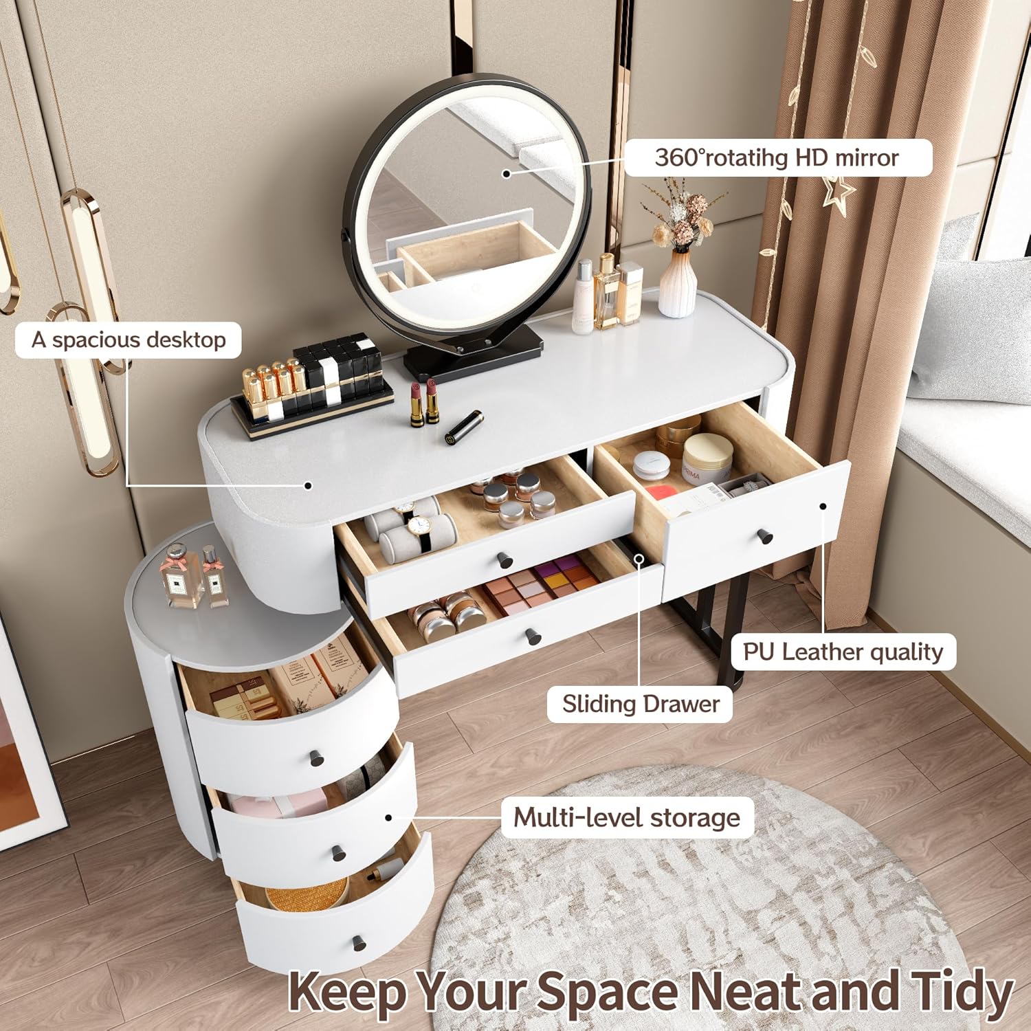 Modern Minimalist Dressing Table with Detachable Mirror and Rotatable Side Cabinet Makeup Table, Easy Assembly Vanity