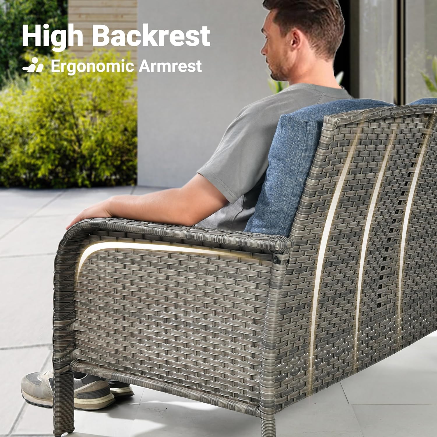 ovios 2-Piece Patio Furniture Set, Outdoor Wicker Sofa with Chairs, High Back Rattan Chair with Comfy Cushions for Porch Yard Deck, Denim Blue