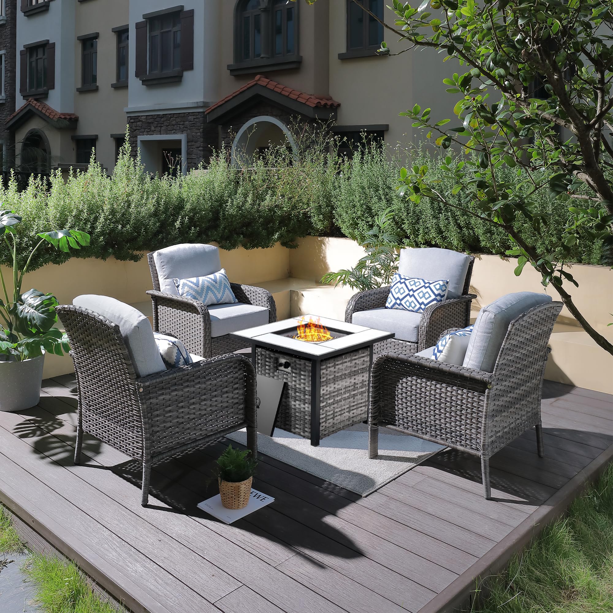 ovios 2-Piece Patio Furniture Set, Outdoor Wicker Sofa with Chairs, High Back Rattan Chair with Comfy Cushions for Porch Yard Deck, Denim Blue