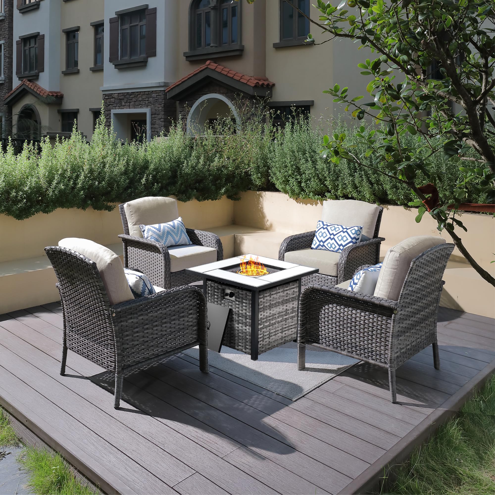 ovios 2-Piece Patio Furniture Set, Outdoor Wicker Sofa with Chairs, High Back Rattan Chair with Comfy Cushions for Porch Yard Deck, Denim Blue