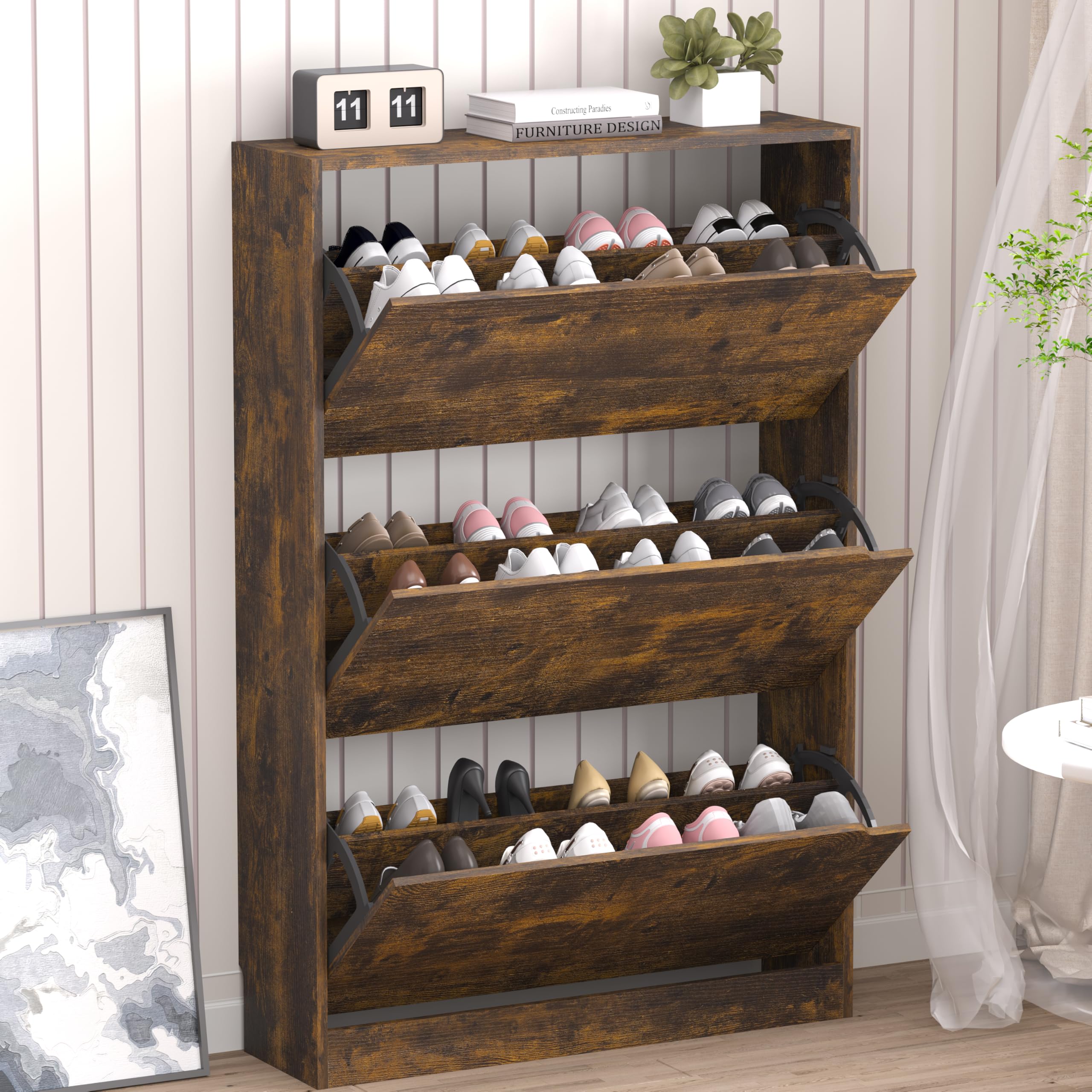 BORNOON Shoe Cabinet with 3 Flip Drawers, Hidden Wood Shoe Cabinet,Freestanding Shoe Storage Cabinet for Entryway Hallway.White. 47.2" H*31.5" W*9.45" D.