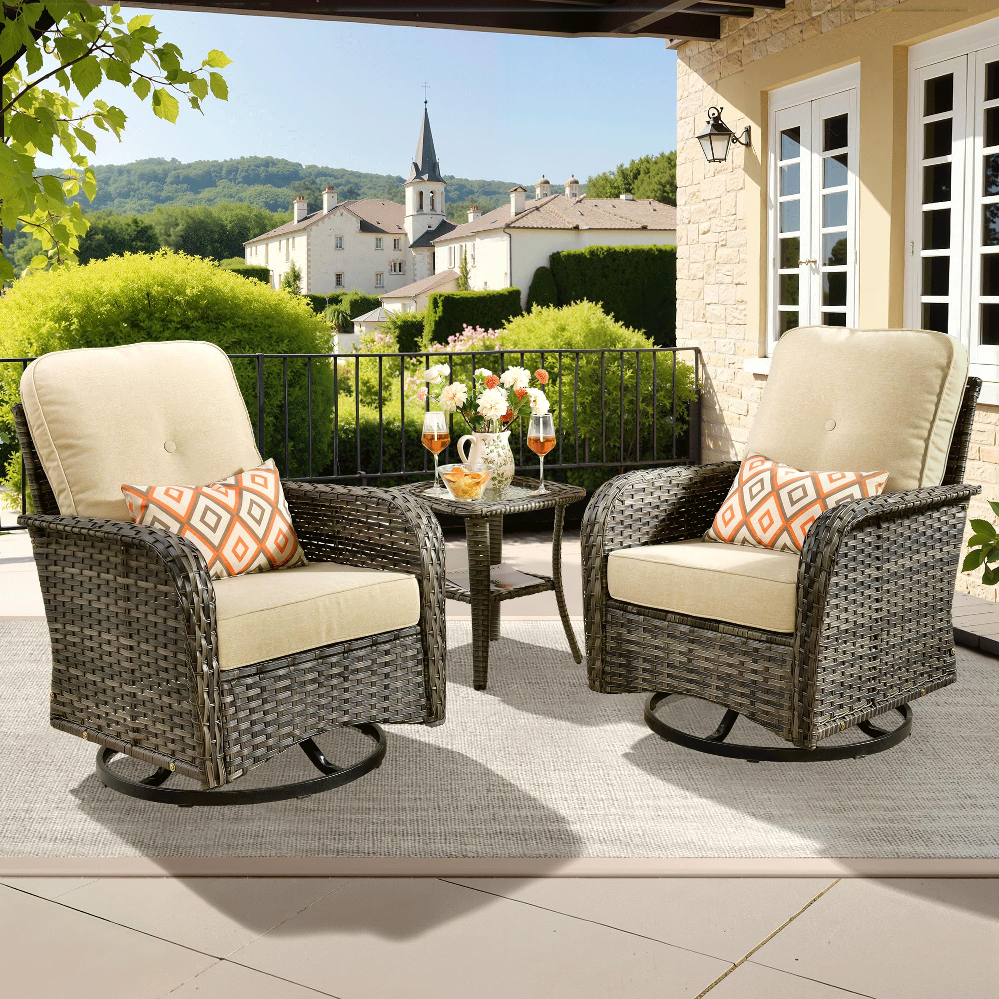 ovios 2-Piece Patio Furniture Set, Outdoor Wicker Sofa with Chairs, High Back Rattan Chair with Comfy Cushions for Porch Yard Deck, Denim Blue