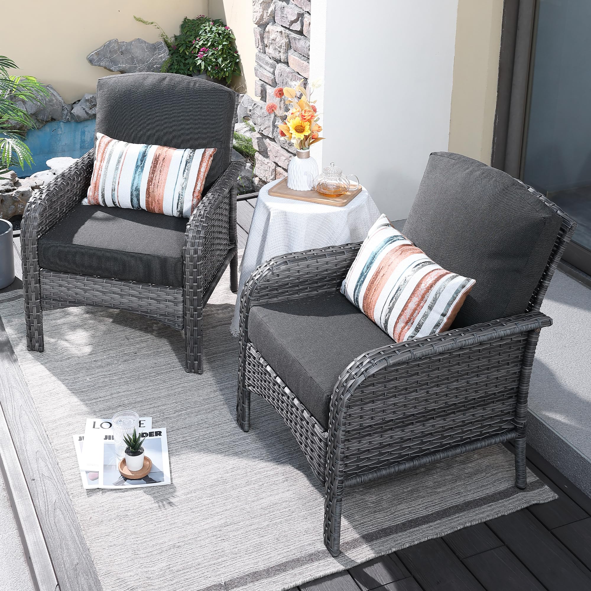 ovios 2-Piece Patio Furniture Set, Outdoor Wicker Sofa with Chairs, High Back Rattan Chair with Comfy Cushions for Porch Yard Deck, Denim Blue