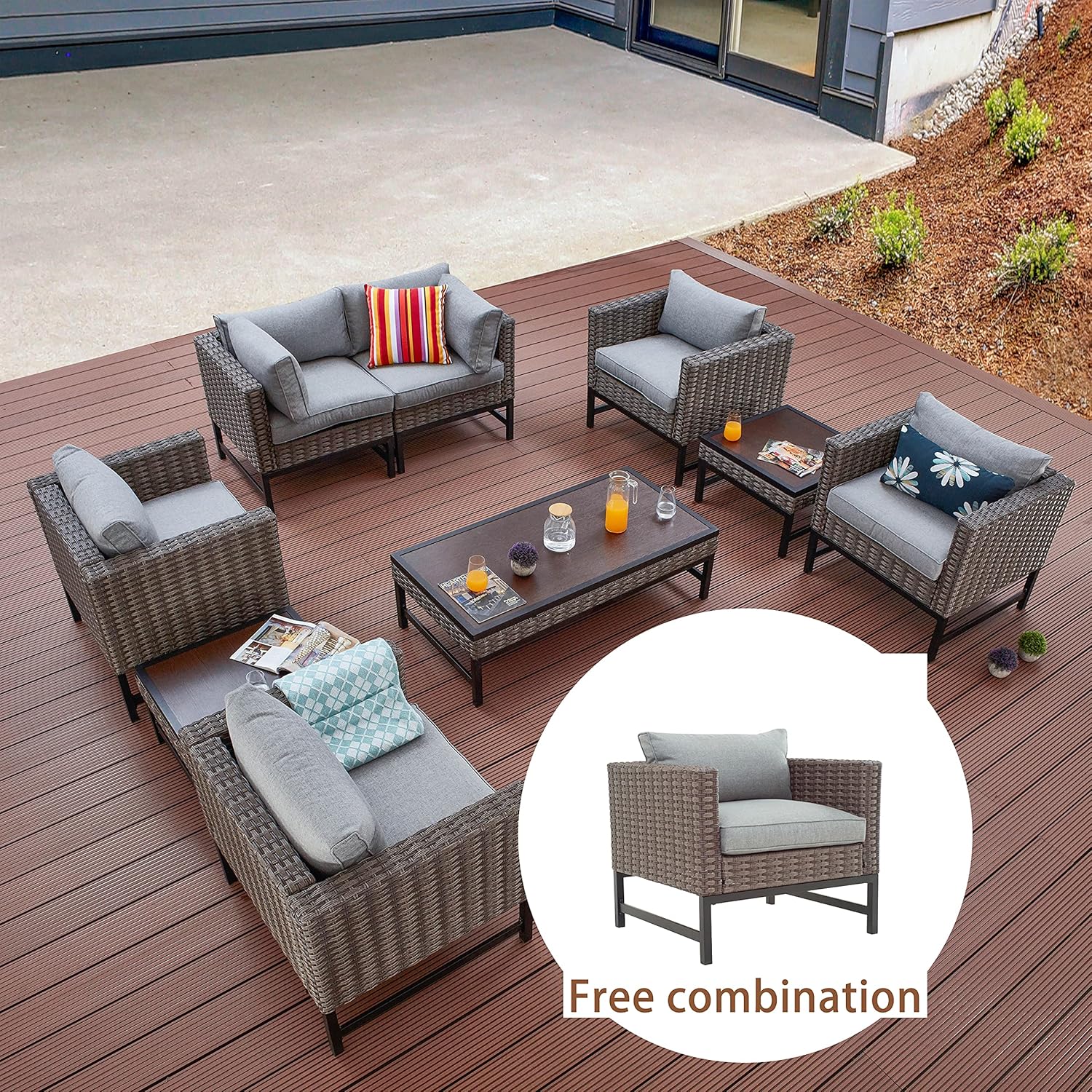 LOKATSE Home Outdoor Patio Armchair Wicker Furniture Rattan Conversation Single Sofa Chair with Grey Cushion