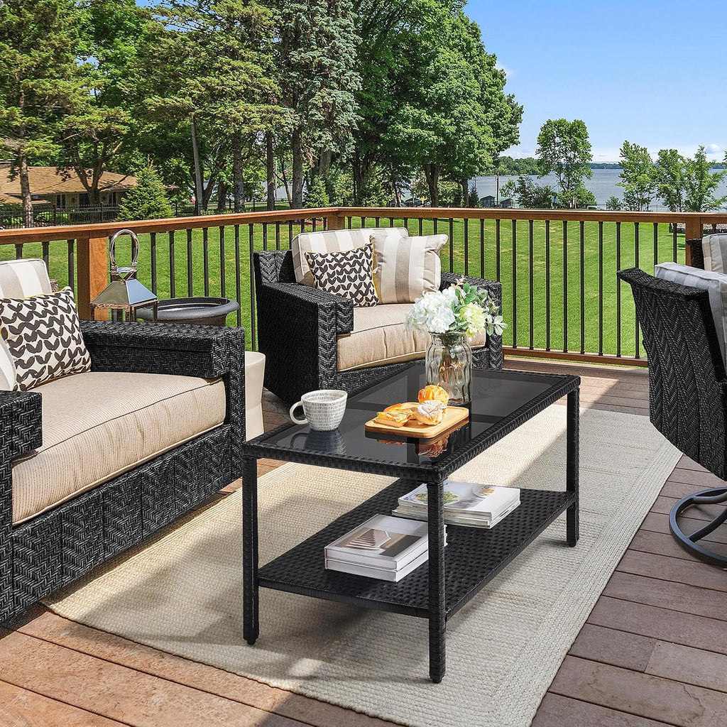 Yaheetech Outdoor Wicker Coffee Side Table, All-Weather Rattan Patio Storage Furniture with Tempered Glass Top for Garden, Black
