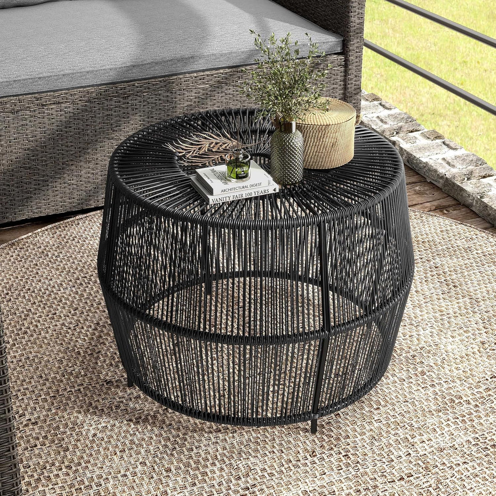 Furniture of America Ysar Boho Rattan Round Coffee Table Outdoor with Metal Frame, All-Weather and Rust Resistant, Handcrafted Coastal Furniture for Patio, Poolside, Garden, Yard, Black