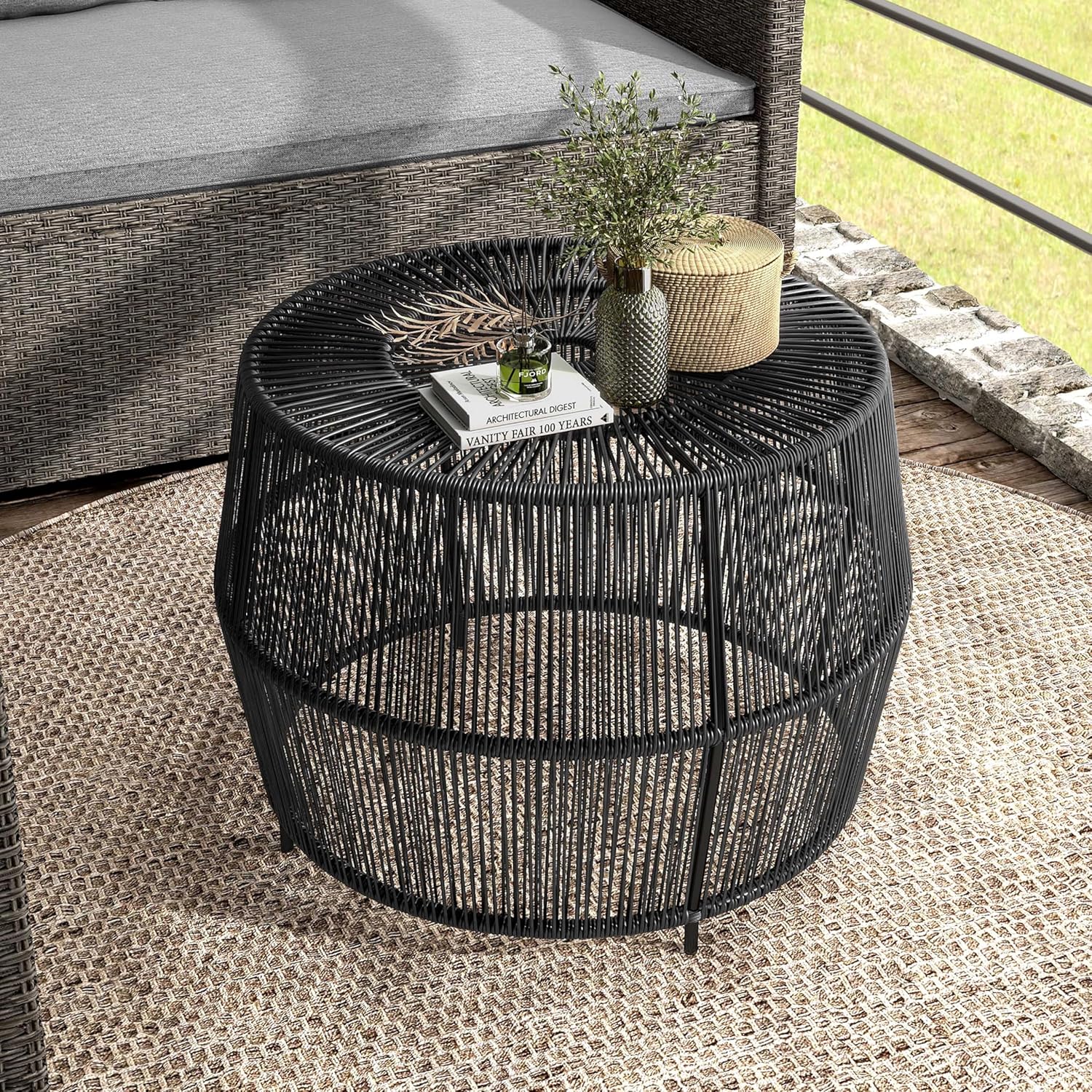 Furniture of America Ysar Boho Rattan Round Coffee Table Outdoor with Metal Frame, All-Weather and Rust Resistant, Handcrafted Coastal Furniture for Patio, Poolside, Garden, Yard, Black