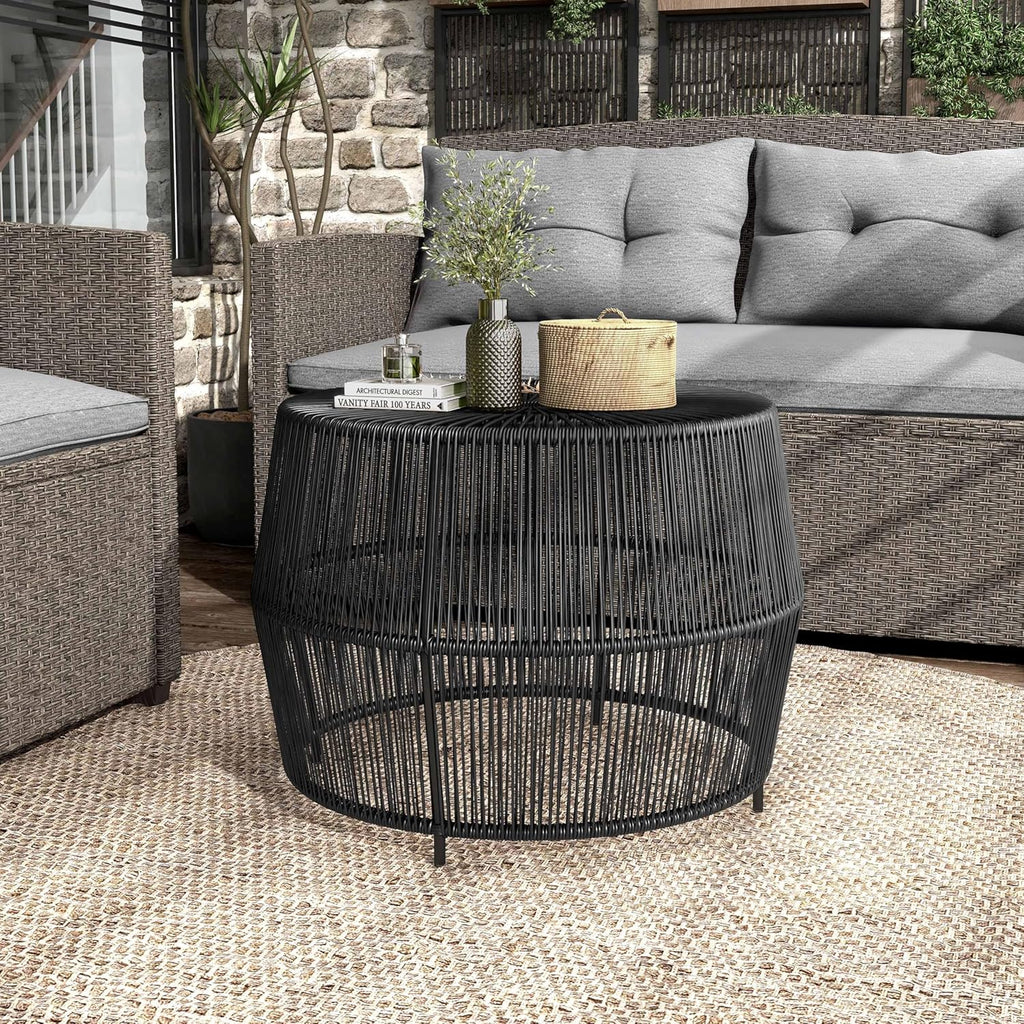Furniture of America Ysar Boho Rattan Round Coffee Table Outdoor with Metal Frame, All-Weather and Rust Resistant, Handcrafted Coastal Furniture for Patio, Poolside, Garden, Yard, Black