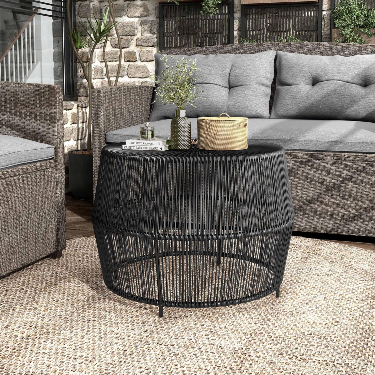 Furniture of America Ysar Boho Rattan Round Coffee Table Outdoor with Metal Frame, All-Weather and Rust Resistant, Handcrafted Coastal Furniture for Patio, Poolside, Garden, Yard, Black