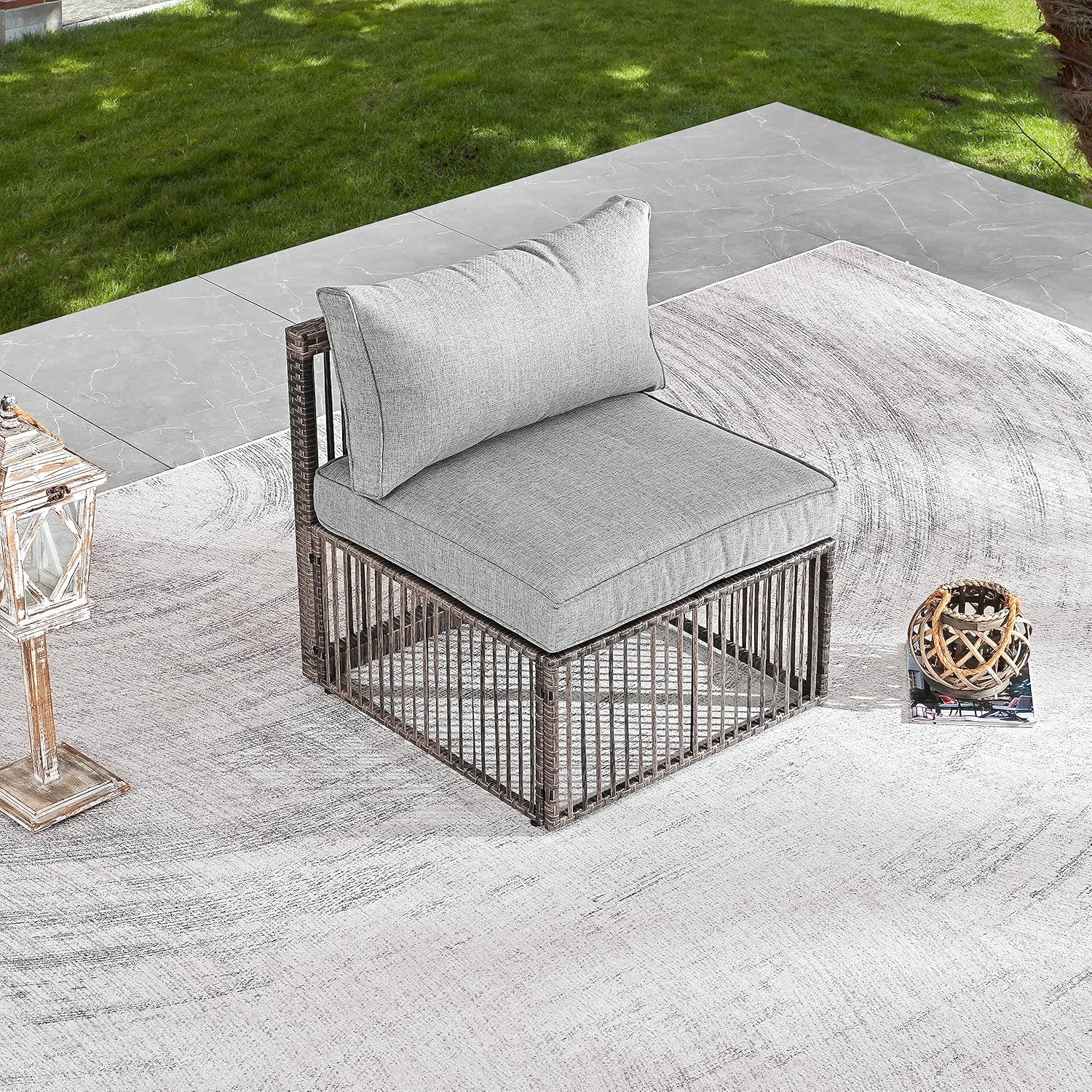 LOKATSE HOME Outdoor Rattan Single Sofa Chair with Cushion for Outside Balcony, Porch, Deck, Garden, Grey